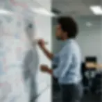Person in a blue shirt writes on a whiteboard filled with colorful diagrams and text, in an office setting with a focused expression.