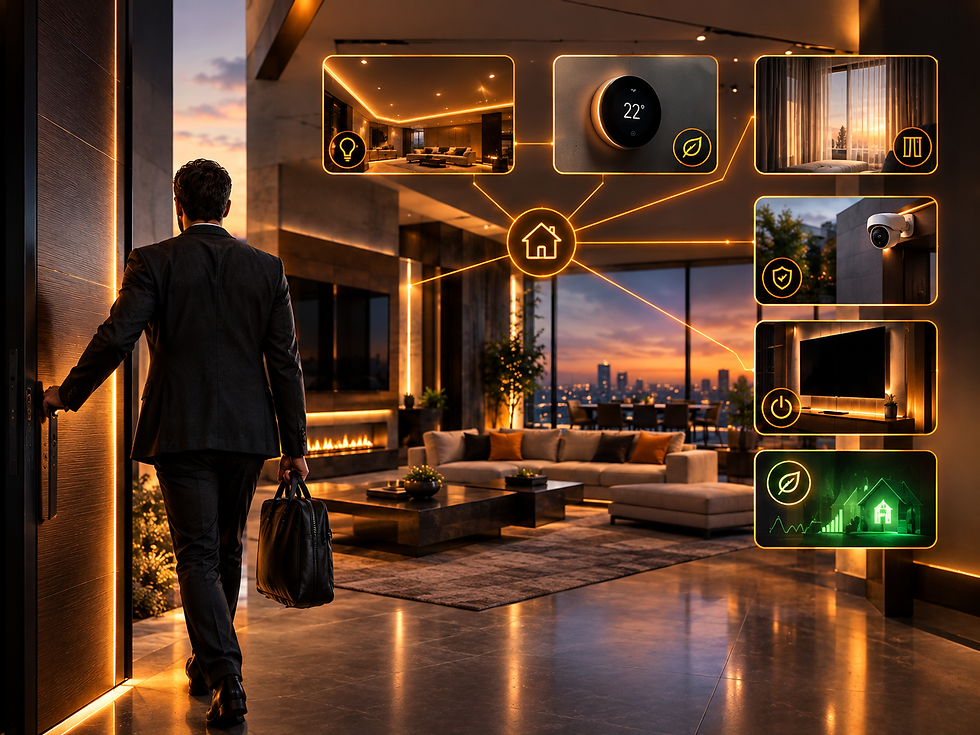 Man enters a luxury smart home with glowing controls for lights, thermostat, curtains, security, TV and energy.