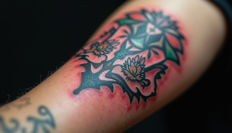 Close-up view of a fresh tattoo on forearm showing vibrant colors and slight redness