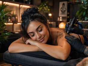 A woman relaxing as she gets a tattoo pain therapy session