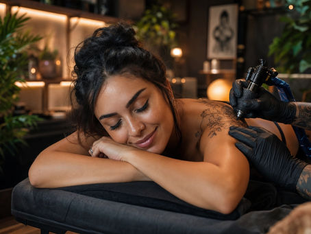 A woman relaxing as she gets a tattoo pain therapy session
