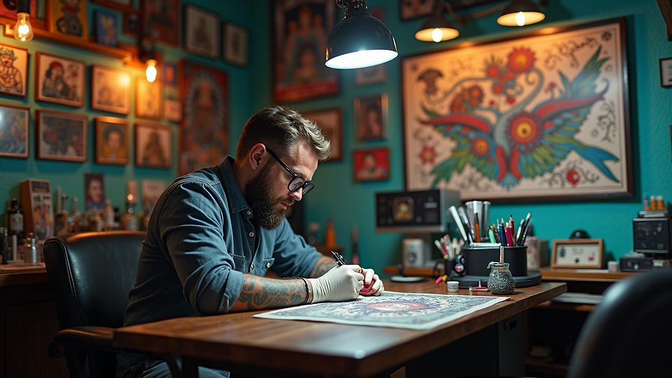 Wide angle view of an artist’s tattoo studio filled with colorful artworks