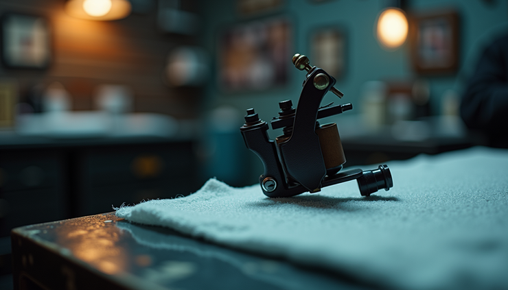 Eye-level view of a tattoo studio with a colorful tattoo machine on the table