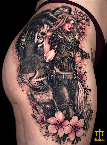 A tiger’s face looms in the background while a geared‑up warrior stands in front, grounded by soft flowers at the bottom. It reads as raw protection and power—beauty, danger, and courage in one piece.