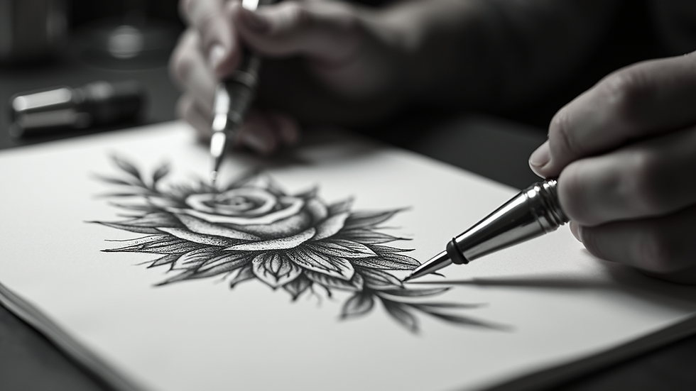 Close-up view of a tattoo design sketch on paper with tattoo instruments