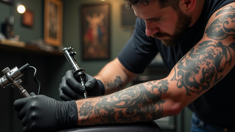 Eye-level view of a tattoo studio with religious symbols