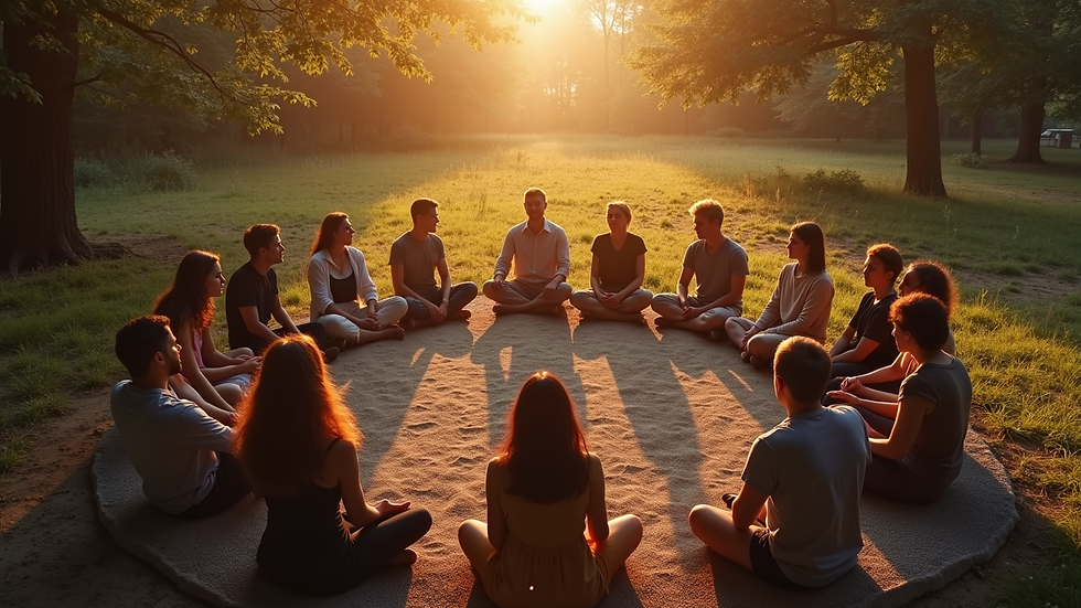 High angle view of a group of people sitting in a circle during a spiritual gathering