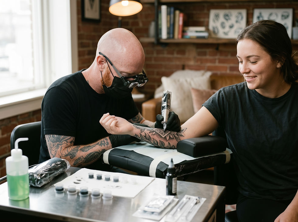 Close-up view of a tattoo artist shading a detailed black and gray design on a client’s arm.