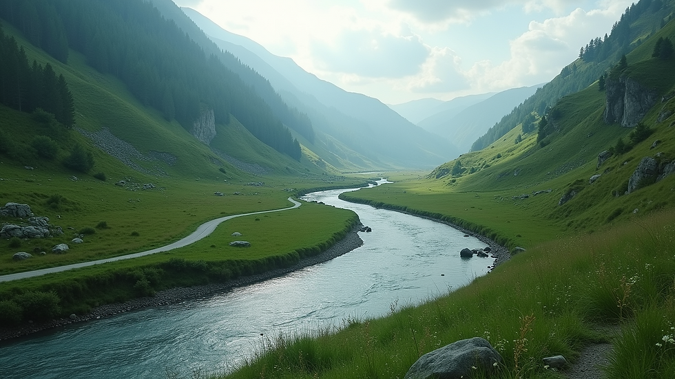 High angle view of a winding river flowing through a lush valley