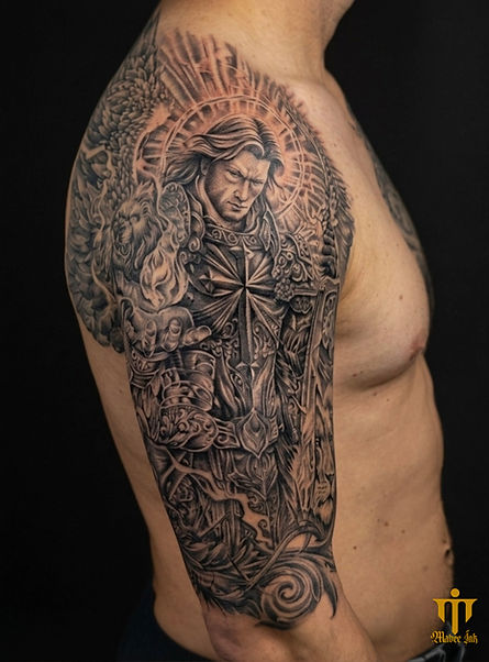 Hands and drapery wrap the upper arm, with smooth shading that feels sculpted rather than drawn. It’s all about protection and tenderness, like you’re being held even when your arm is at rest.