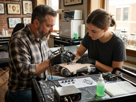 Mentor teaching student how to tattoo