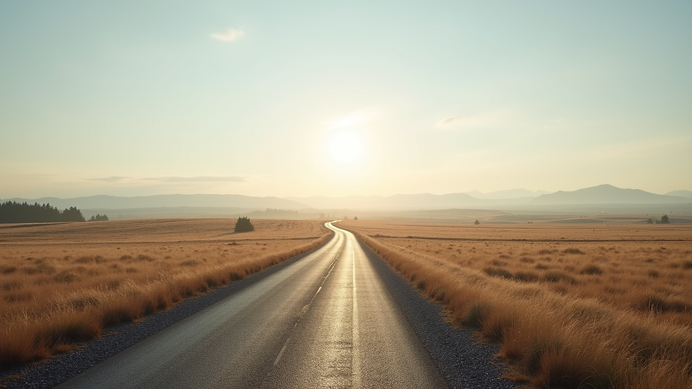 Eye-level view of a serene landscape with a winding path leading to a distant horizon