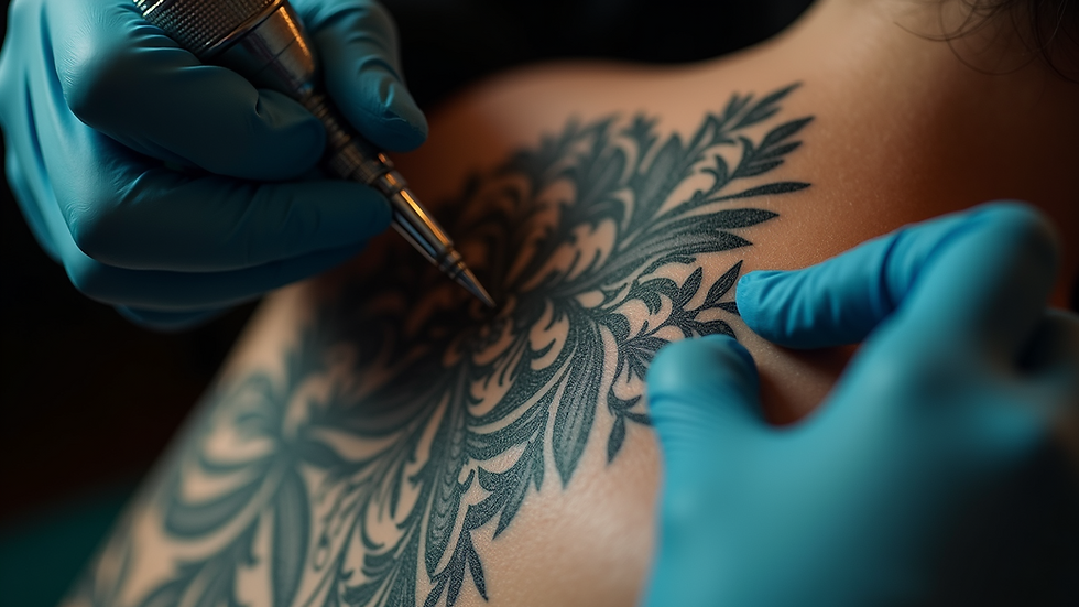 Eye-level view of a tattoo artist working on a client’s back tattoo