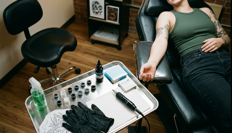 Overhead view of tattoo supplies arranged beside a client relaxing before a long session.