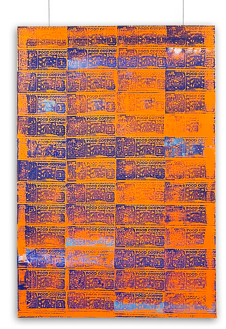 Castro Frank , 1992, Acrylic on Cavas, 60 x 40 in, orange with blue stamps
