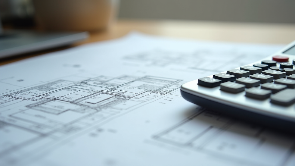 Close-up view of architectural plans and a calculator on a desk