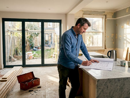 Homeowner checks plans in London extension kitchen