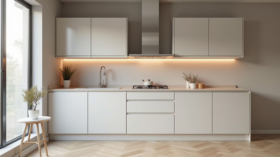 Eye-level view of a modern kitchen renovation with new cabinets and countertops