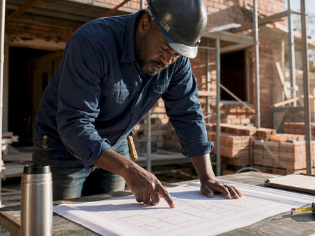 Professional builder reviewing renovation plans on site