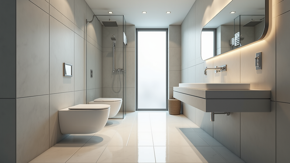 Eye-level view of a modern bathroom with new tiles and fixtures
