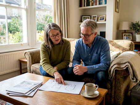 Couple reviewing modernisation plans in London living room