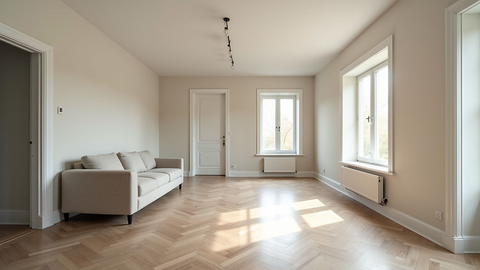 High angle view of a partially renovated living room with fresh paint and new flooring