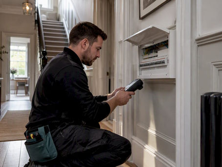 Electrician testing consumer unit in Victorian hallway