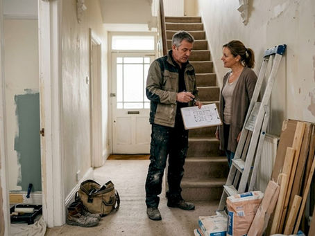 Builder and homeowner discuss floor plans in hallway