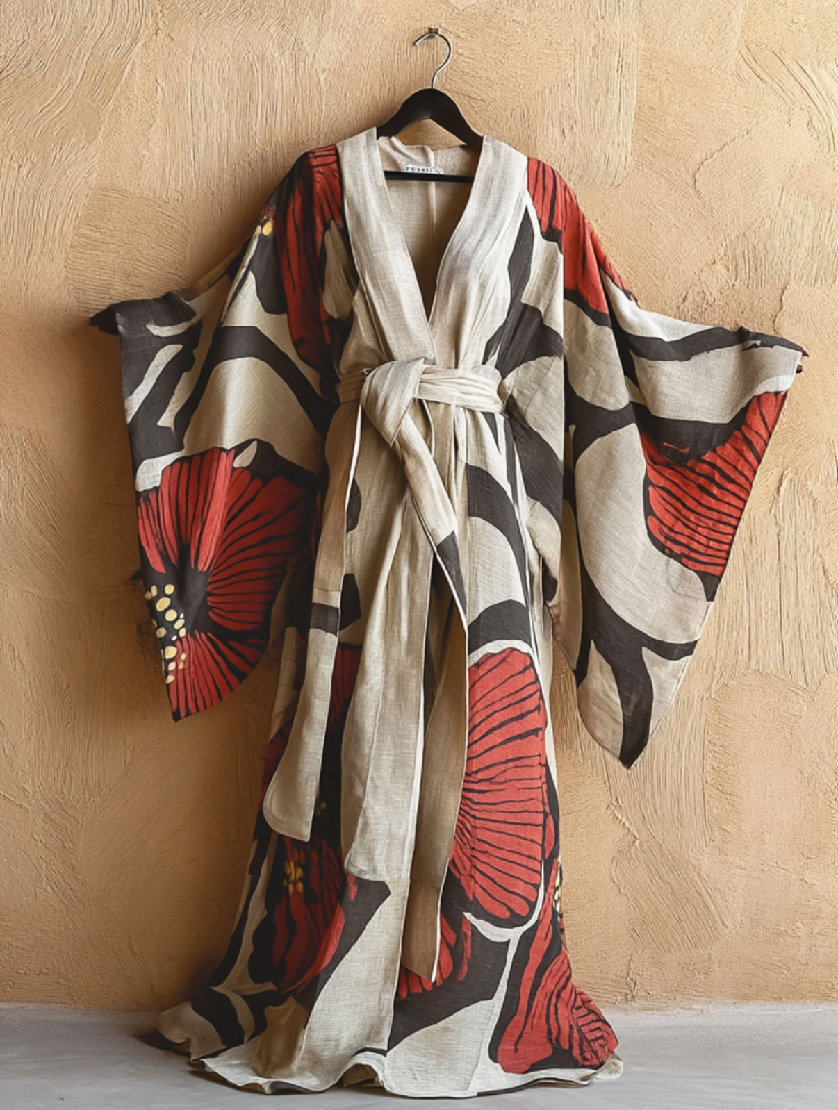 A Neutral Toned Kaftan With Red Floral Patterns