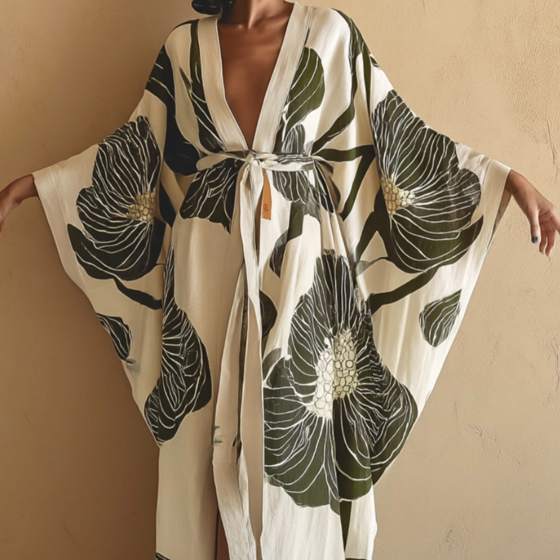 Neutral Toned Linen Kaftan With Green Flora Patterns