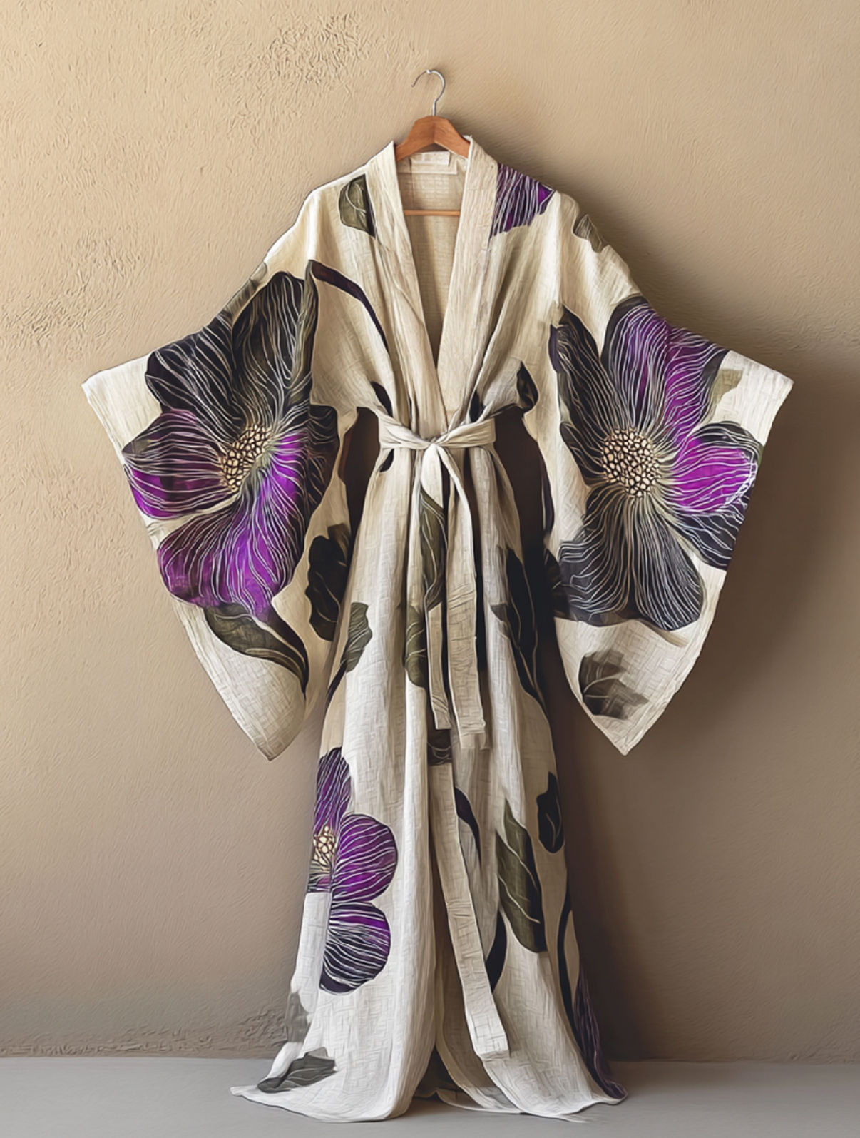 A Neutral Toned Kaftan With Purple Pattern