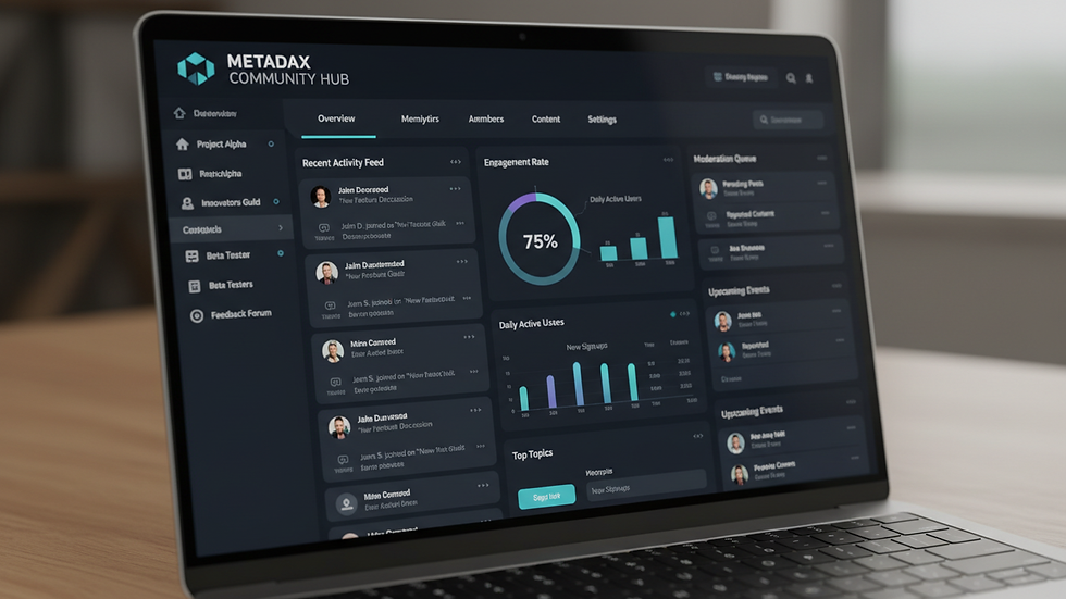 Close-up view of a laptop screen showing a community management dashboard