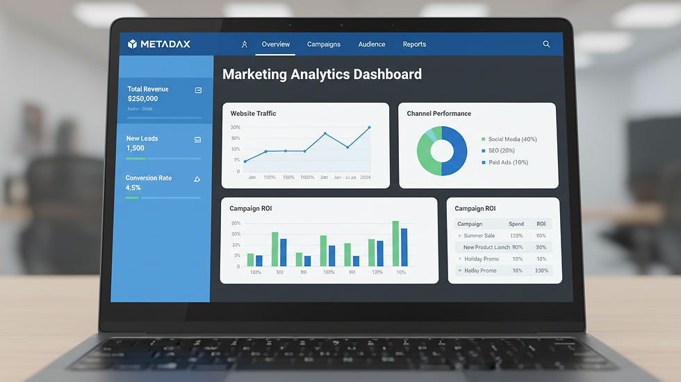 Close-up view of a laptop screen showing marketing analytics dashboard