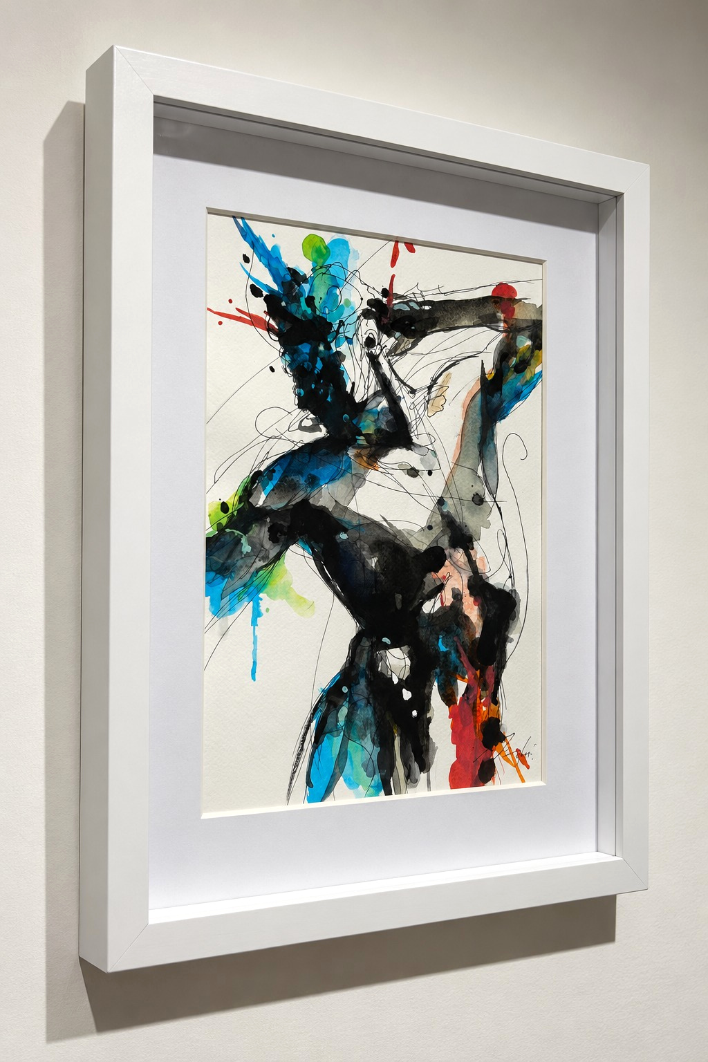 Electric de Jordi Machí: obra enmarcada fotografiada de lado: figura entre negros, azules y acentos rojos y naranjas