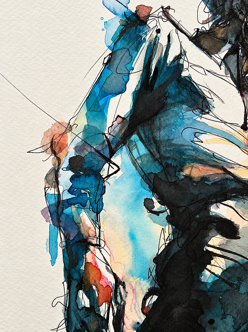 Inner Storm de Jordi Machí: detalle del torso y el brazo, entre acuarela azul y líneas de tinta