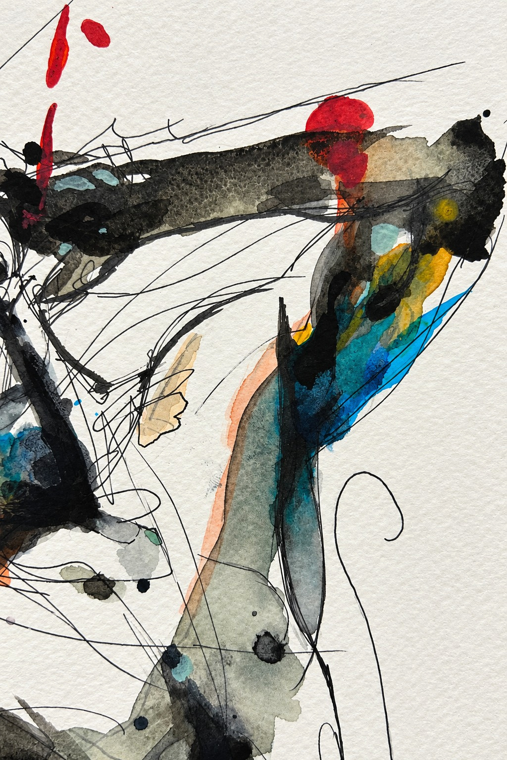 Electric de Jordi Machí: detalle de la figura con tinta negra, acuarela azul, turquesa, roja y naranja