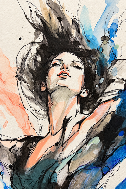 Let It Go de Jordi Machí: detalle del rostro y el cabello, con tinta negra, transparencias azules y tonos coral