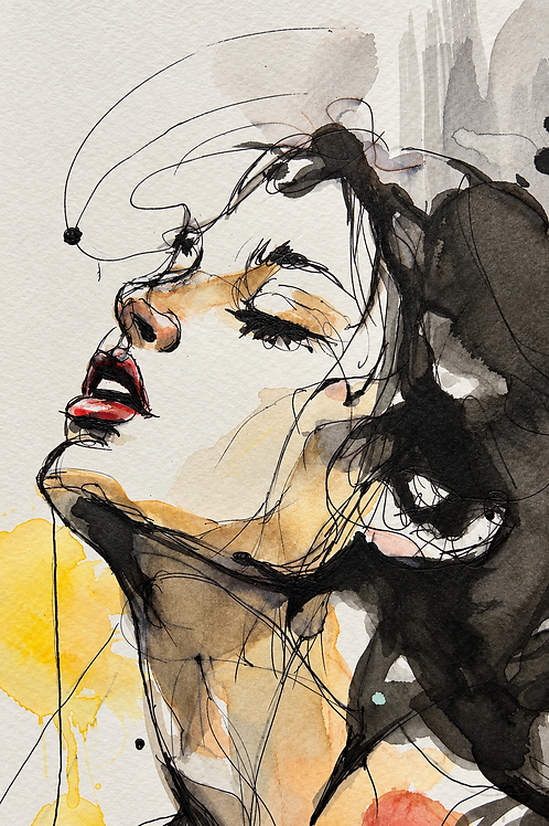 Between Breath and Silence de Jordi Machí: detalle del rostro con ojos cerrados, tinta negra, labios rojos y manchas amarillas