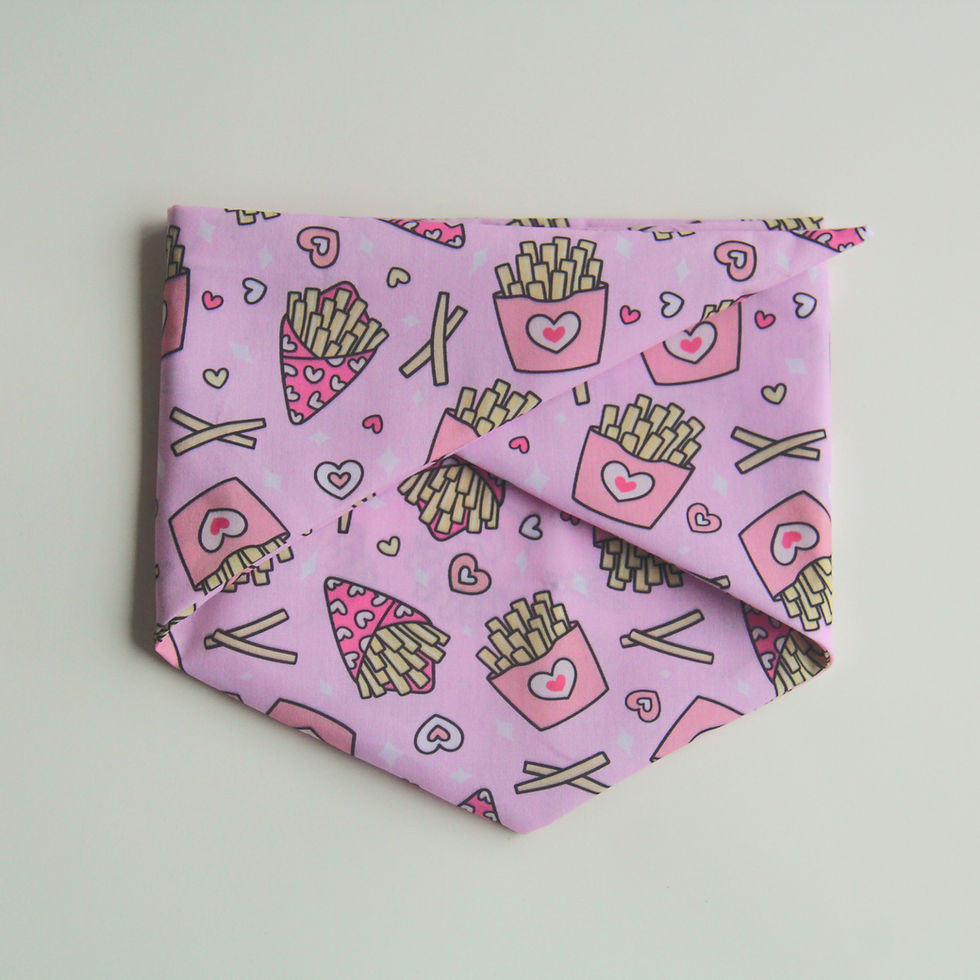 pink french fries hearts polyester cotton pet bandana for cats and dogs front view