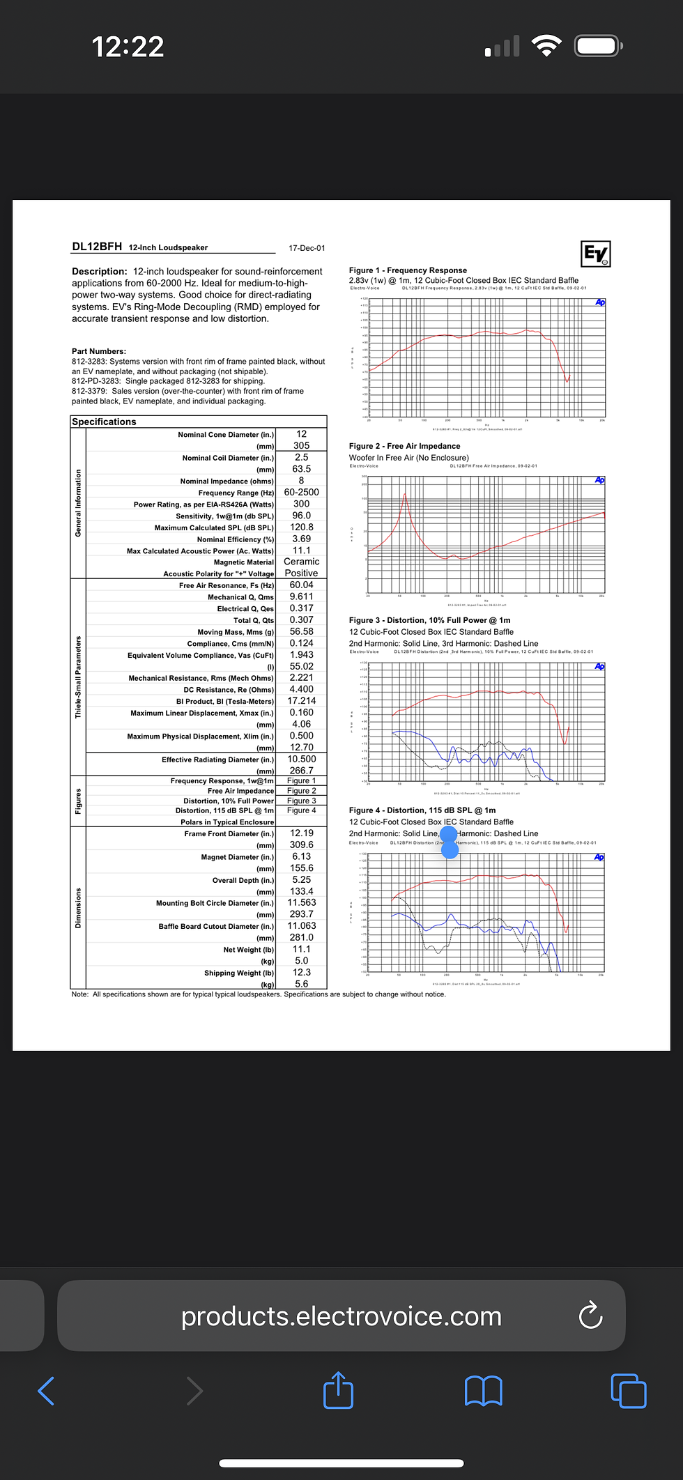 Thumbnail: EV DL12BFH 12” Woofer 8 Ohm 300w 