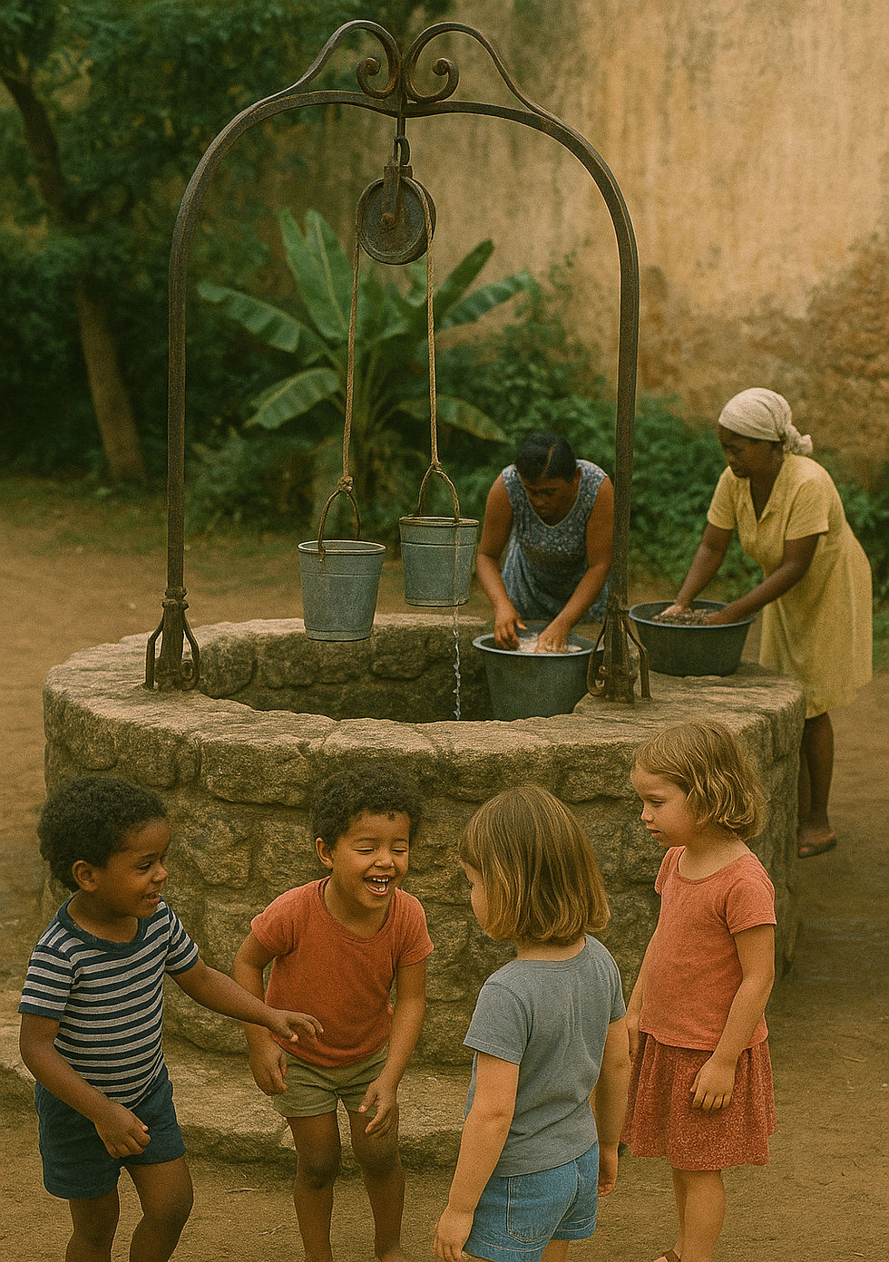 Crianças brincam ao redor do antigo poço de pedra enquanto mulheres lavam roupas, recriando com cores vivas um retrato da vida comunitária e da solidariedade na Guimarães antiga.