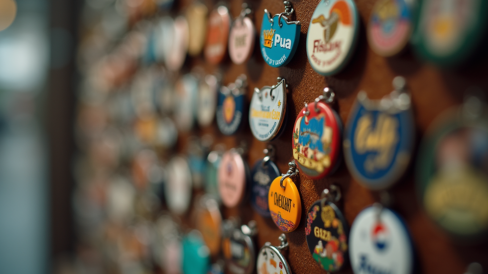 Close-up view of a colorful array of personalized badges on display