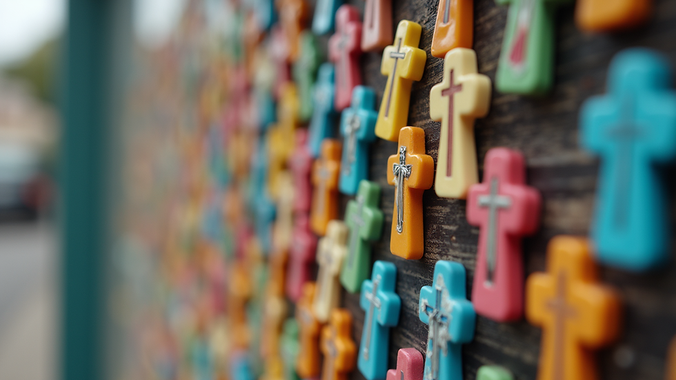 Eye-level view of colorful religious magnets on a display board