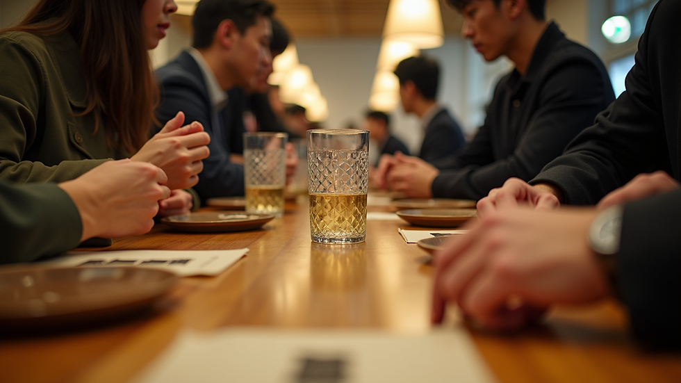 Eye-level view of a sake tasting event with participants enjoying various sake