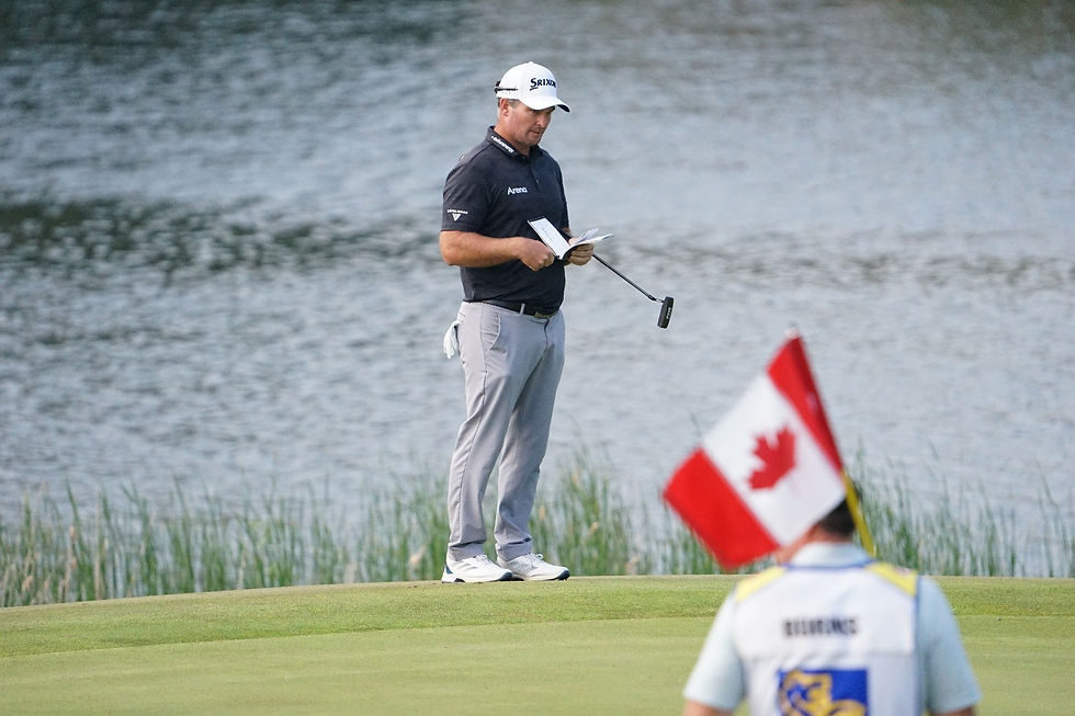 CALEDON, ON - June 8 - Fox lining up his putt during the fourth playoff hole, he'd two putt for the win. (Photo by Logan Brown)