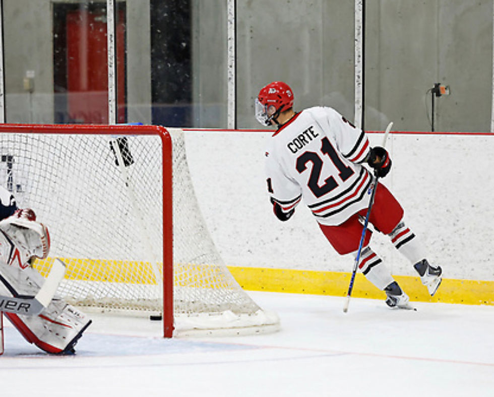 Zackary Corte celebrating the opening goal of the game. The Spirit captain would add three more goals on the night as his team would improve to 2-0-0-0 on the season with an 8-0 trouncing of the Panthers. September 7, 2025. (Photo by Ray MacAloney / OJHL Images)