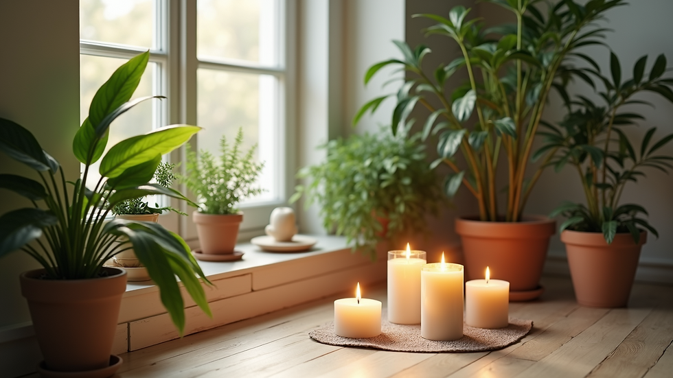 High angle view of a peaceful home healing corner with plants and candles