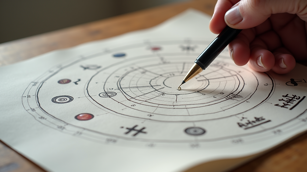 Close-up view of a printed astrology birth chart with planetary symbols