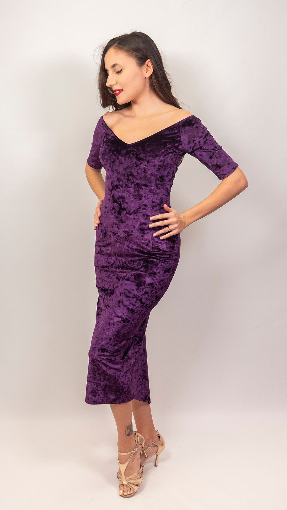 Thumbnail: Angela - Purple  Velvet Off Shoulder Tango Dress