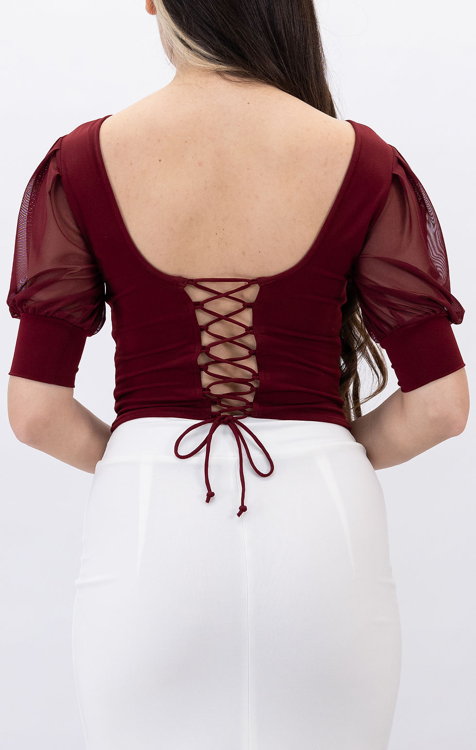 Thumbnail: Maria-Draped Tulle Sleeves Tie Back Burgundy Top
